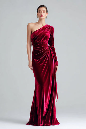 Burgundy Velvet Sheath Maxi One Shoulder Formal Dress