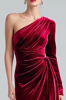 Burgundy Velvet Sheath Maxi One Shoulder Formal Dress