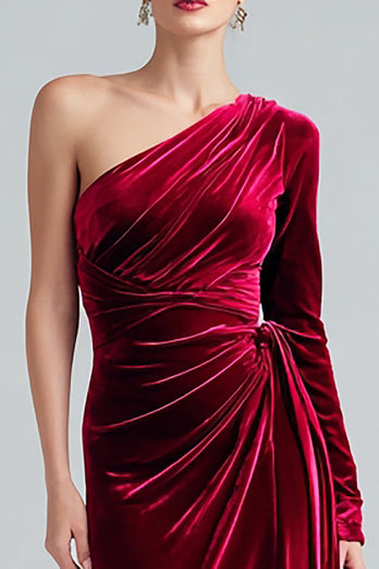 Burgundy Velvet Sheath Maxi One Shoulder Formal Dress