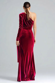Burgundy Velvet Sheath Maxi One Shoulder Formal Dress