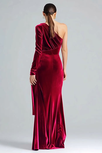 Burgundy Velvet Sheath Maxi One Shoulder Formal Dress