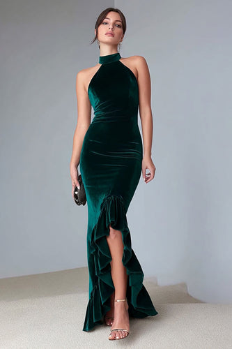 Dark Green Halter Ruffled Velvet Long Formal Dress with Slit