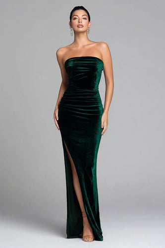 Dark Green Mermaid Velvet Strapless Long Holiday Party Dress with Slit