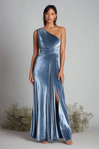 Dusty Blue Ruched One Shoulder Maxi Holiday Party Dress with Slit