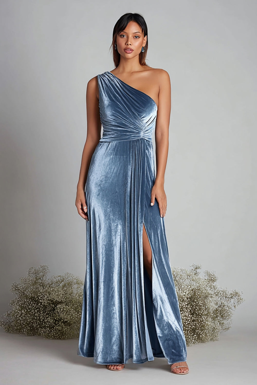 Dusty Blue Ruched One Shoulder Maxi Holiday Party Dress with Slit