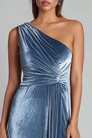 Load image into Gallery viewer, Dusty Blue Ruched One Shoulder Maxi Holiday Party Dress with Slit