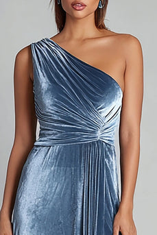 Dusty Blue Ruched One Shoulder Maxi Holiday Party Dress with Slit