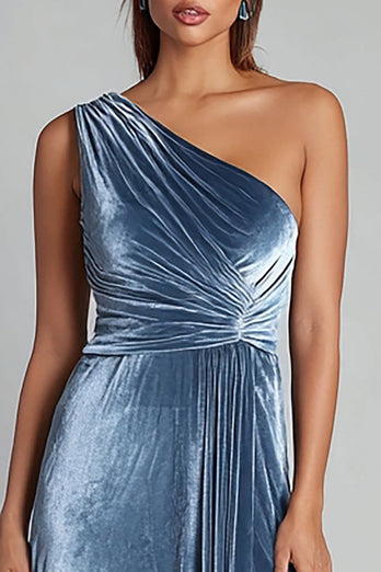 Dusty Blue Ruched One Shoulder Maxi Holiday Party Dress with Slit