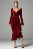 Load image into Gallery viewer, Burgundy Mermaid Ruched Velvet Holiday Party Dress with Ruffles