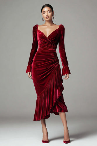 Burgundy Mermaid Ruched Velvet Holiday Party Dress with Ruffles