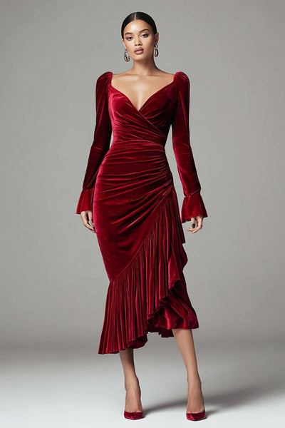 Burgundy Mermaid Ruched Velvet Holiday Party Dress with Ruffles
