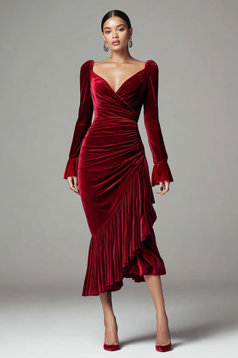 Burgundy Mermaid Ruched Velvet Holiday Party Dress with Ruffles