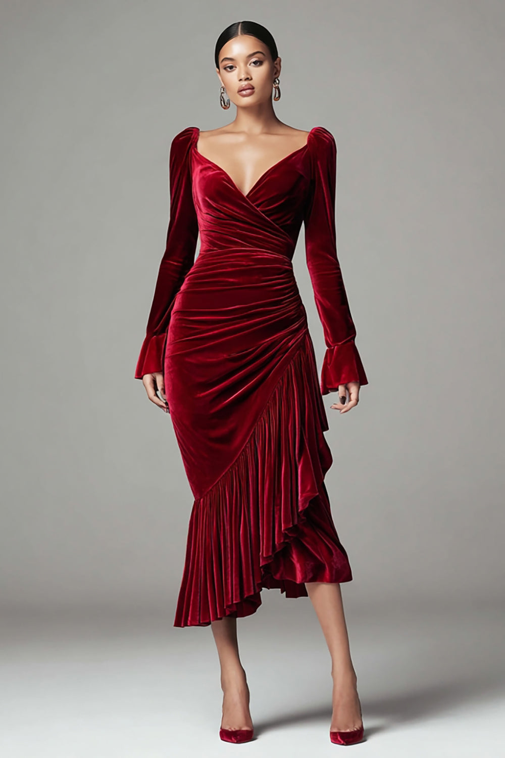 Burgundy Mermaid Ruched Velvet Holiday Party Dress with Ruffles
