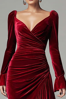 Burgundy Mermaid Ruched Velvet Holiday Party Dress with Ruffles