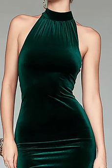 Dark Green Mermaid Halter Velvet Long Formal Dress with Slit