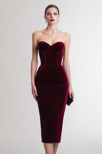 Burgundy Sweetheart Sheath Midi Velvet Corset Holiday Party Dress