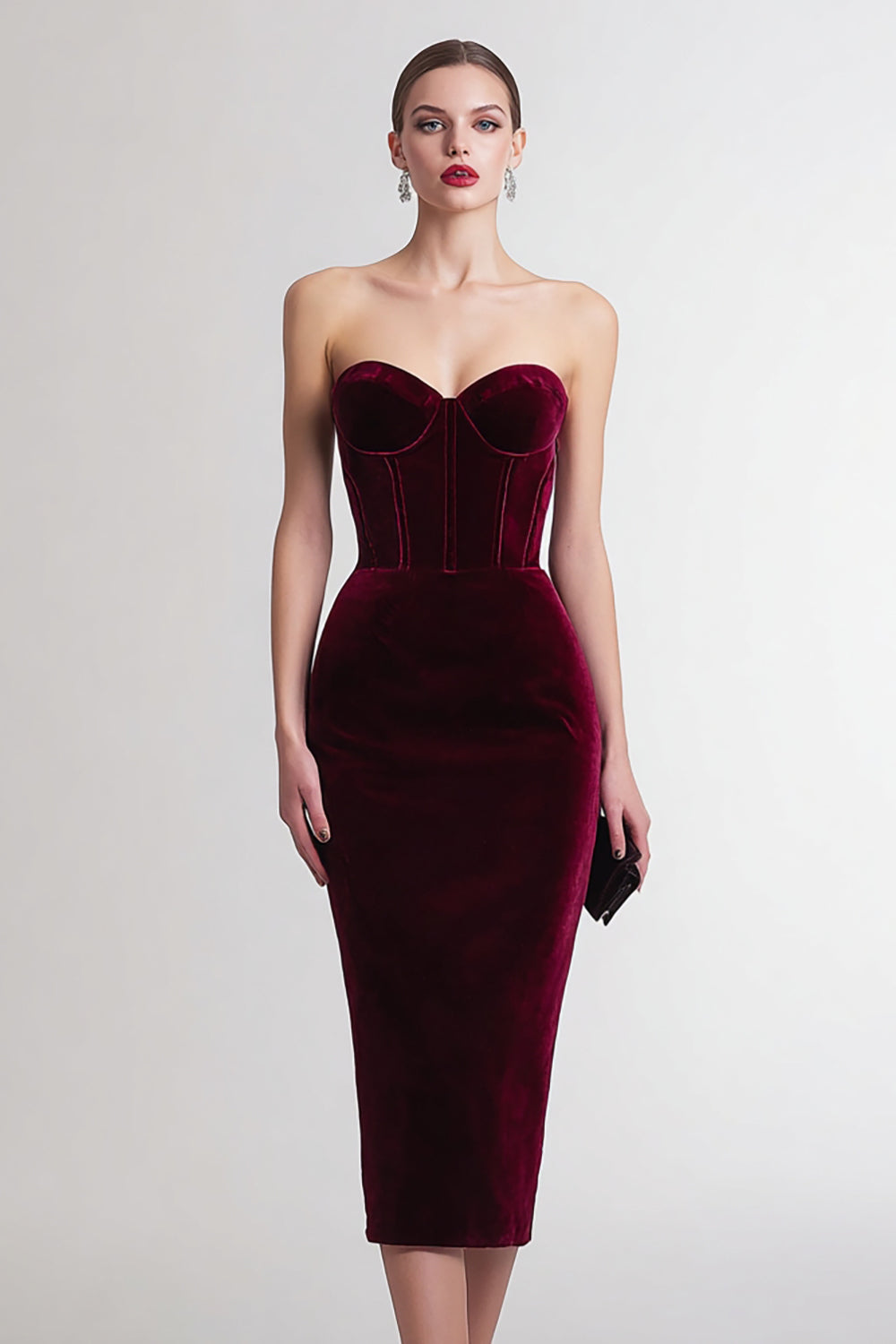 Burgundy Sweetheart Sheath Midi Velvet Corset Holiday Party Dress