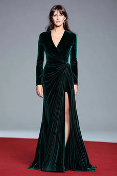 Dark Green V-Neck Velvet Long Sleeves Holiday Party Dress with Slit