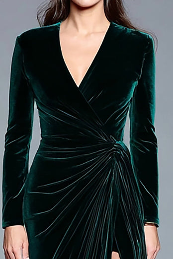 Dark Green V-Neck Velvet Long Sleeves Holiday Party Dress with Slit