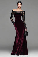 Load image into Gallery viewer, Burgundy Velvet Long Sleeves Mermaid Holiday Party Dress with Lace