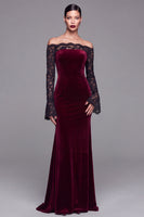 Load image into Gallery viewer, Burgundy Velvet Long Sleeves Mermaid Holiday Party Dress with Lace