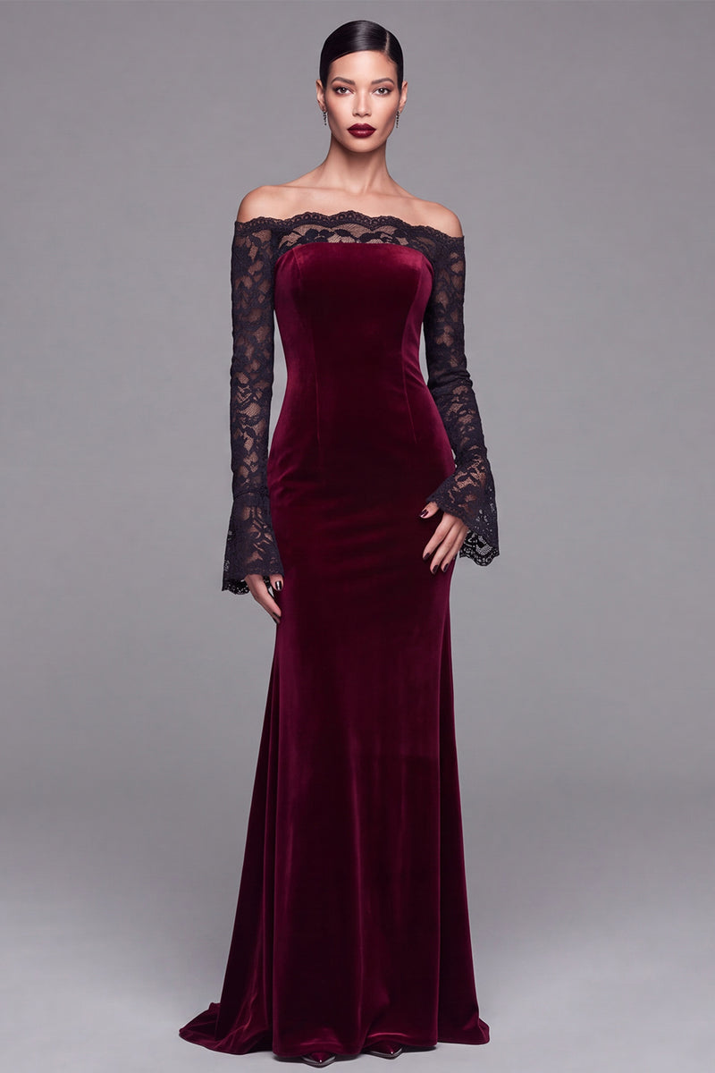 Load image into Gallery viewer, Burgundy Velvet Long Sleeves Mermaid Holiday Party Dress with Lace