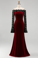 Load image into Gallery viewer, Burgundy Velvet Long Sleeves Mermaid Holiday Party Dress with Lace