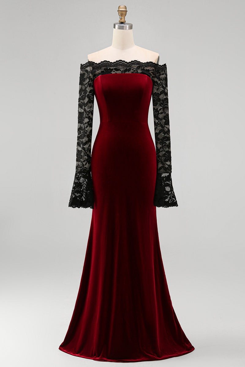 Load image into Gallery viewer, Burgundy Velvet Long Sleeves Mermaid Holiday Party Dress with Lace