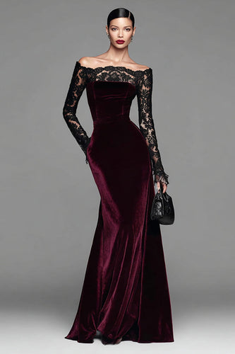 Burgundy Velvet Long Sleeves Mermaid Holiday Party Dress with Lace