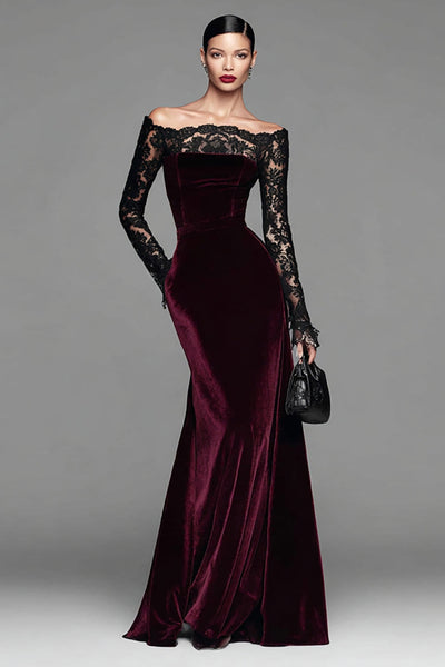 Women Burgundy Long Sleeves Holiday Party Dress with Lace Velvet Off the Shoulder Mermaid Maxi Formal Dress