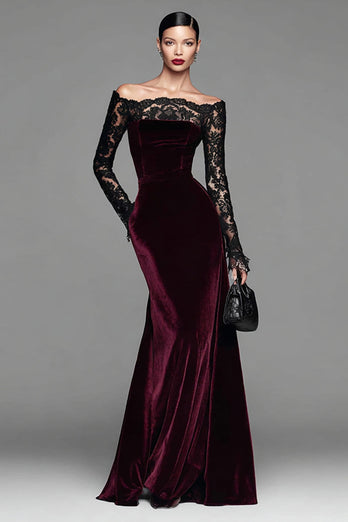 Burgundy Velvet Long Sleeves Mermaid Holiday Party Dress with Lace