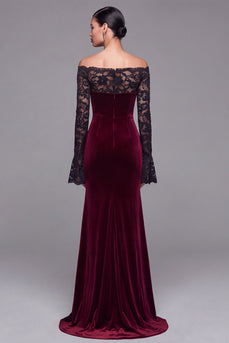 Burgundy Velvet Long Sleeves Mermaid Holiday Party Dress with Lace