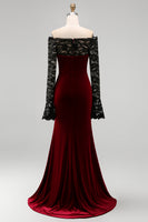 Load image into Gallery viewer, Burgundy Velvet Long Sleeves Mermaid Holiday Party Dress with Lace