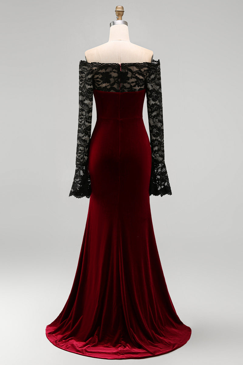 Load image into Gallery viewer, Burgundy Velvet Long Sleeves Mermaid Holiday Party Dress with Lace