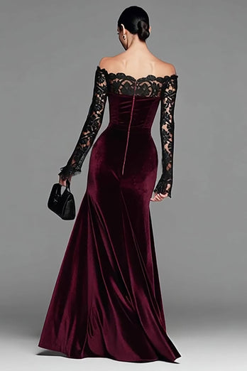 Burgundy Velvet Long Sleeves Mermaid Holiday Party Dress with Lace