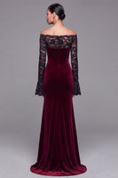 Load image into Gallery viewer, Burgundy Velvet Mermaid Plus Size Long Sleeves Holiday Party Dress with Lace