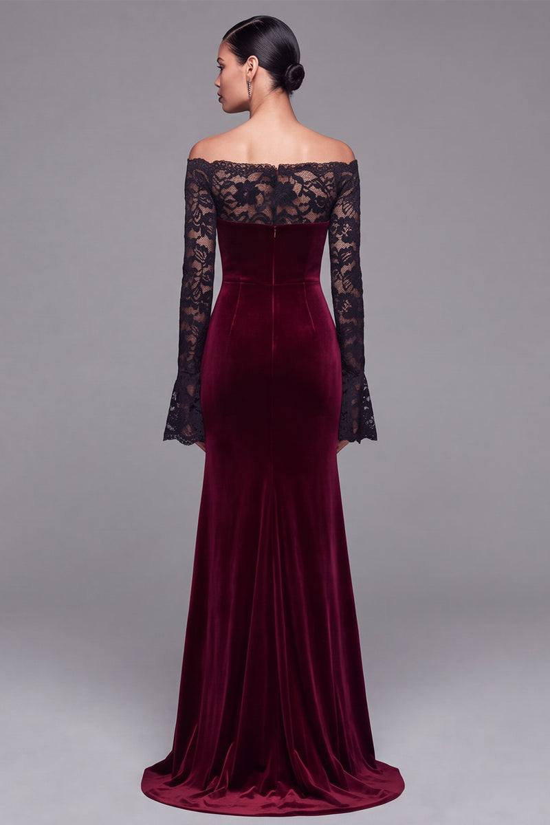 Load image into Gallery viewer, Burgundy Velvet Mermaid Plus Size Long Sleeves Holiday Party Dress with Lace