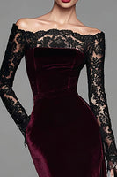 Load image into Gallery viewer, Burgundy Velvet Long Sleeves Mermaid Holiday Party Dress with Lace