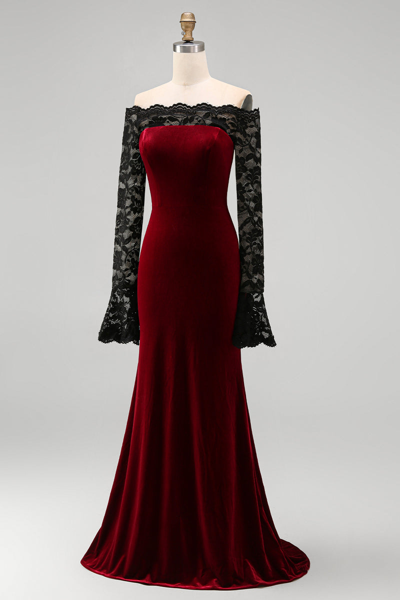 Load image into Gallery viewer, Burgundy Velvet Long Sleeves Mermaid Holiday Party Dress with Lace