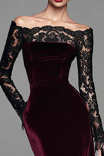 Burgundy Velvet Long Sleeves Mermaid Holiday Party Dress with Lace