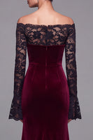 Load image into Gallery viewer, Burgundy Velvet Long Sleeves Mermaid Holiday Party Dress with Lace