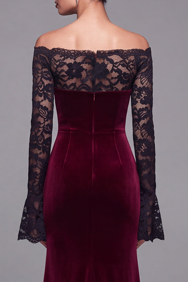 Load image into Gallery viewer, Burgundy Velvet Long Sleeves Mermaid Holiday Party Dress with Lace