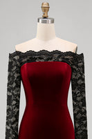 Load image into Gallery viewer, Burgundy Velvet Long Sleeves Mermaid Holiday Party Dress with Lace