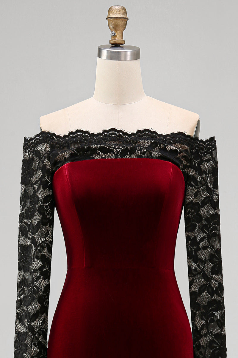 Load image into Gallery viewer, Burgundy Velvet Long Sleeves Mermaid Holiday Party Dress with Lace
