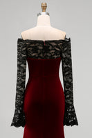 Load image into Gallery viewer, Burgundy Velvet Long Sleeves Mermaid Holiday Party Dress with Lace