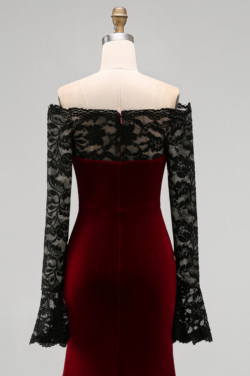 Load image into Gallery viewer, Burgundy Velvet Long Sleeves Mermaid Holiday Party Dress with Lace