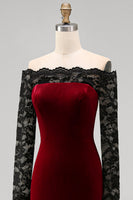 Load image into Gallery viewer, Burgundy Velvet Long Sleeves Mermaid Holiday Party Dress with Lace