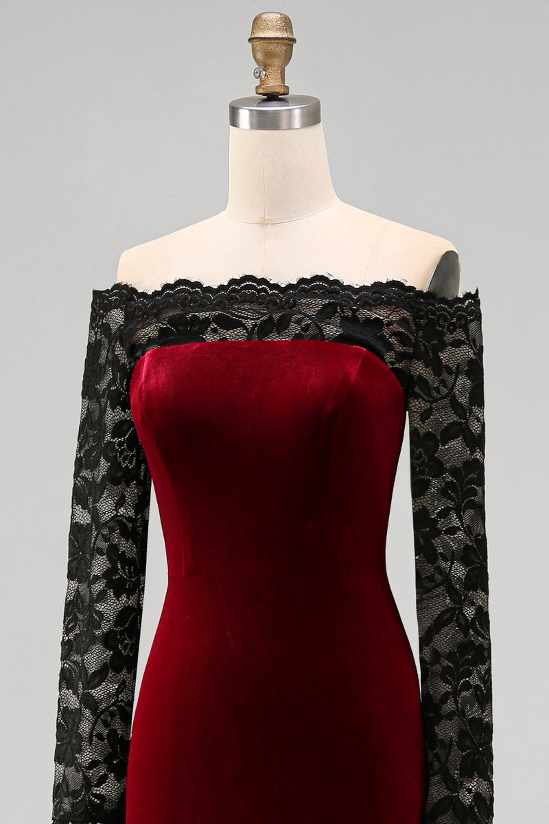 Load image into Gallery viewer, Burgundy Velvet Long Sleeves Mermaid Holiday Party Dress with Lace