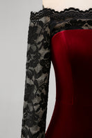 Load image into Gallery viewer, Burgundy Velvet Long Sleeves Mermaid Holiday Party Dress with Lace