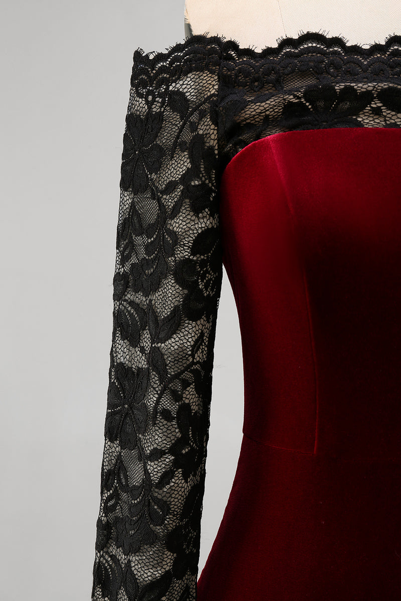 Load image into Gallery viewer, Burgundy Velvet Long Sleeves Mermaid Holiday Party Dress with Lace